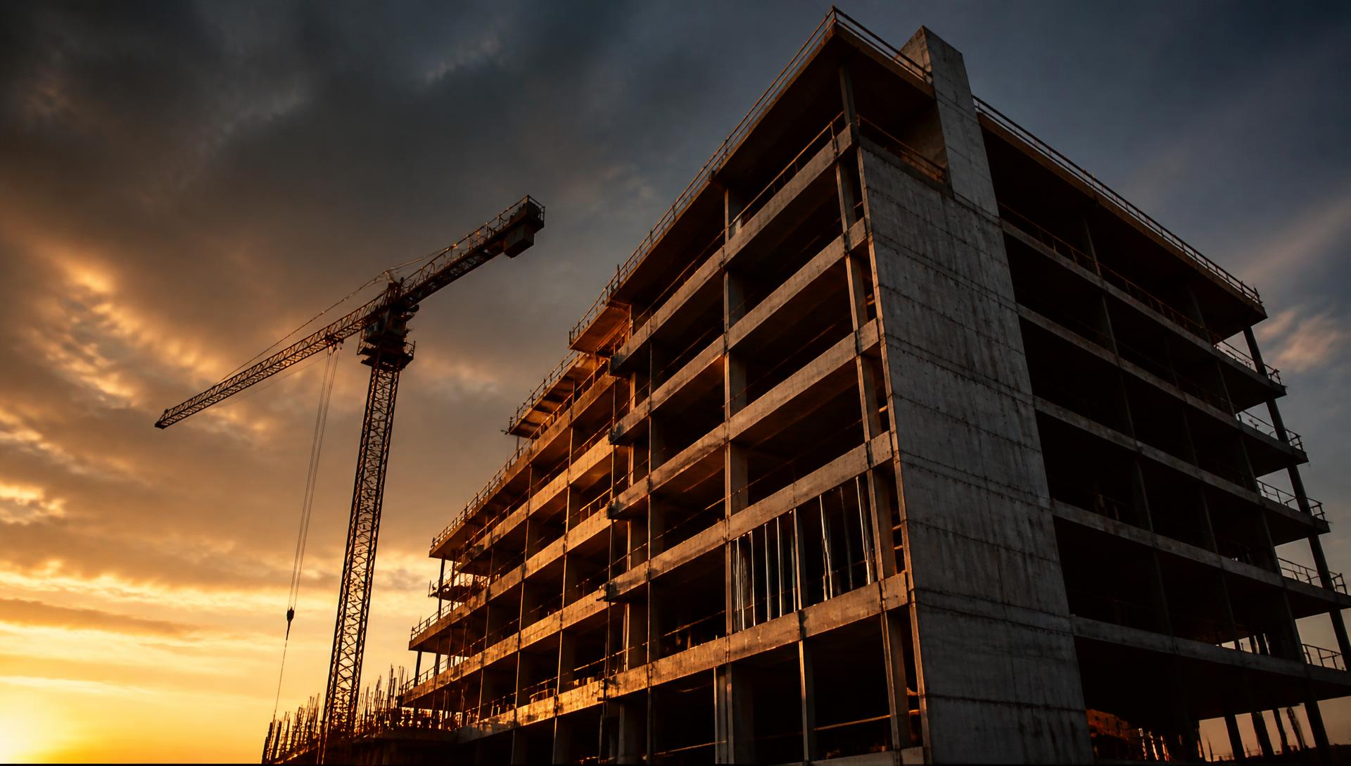 Estrutura de concreto de obra executada pela MC Construção ao entardecer